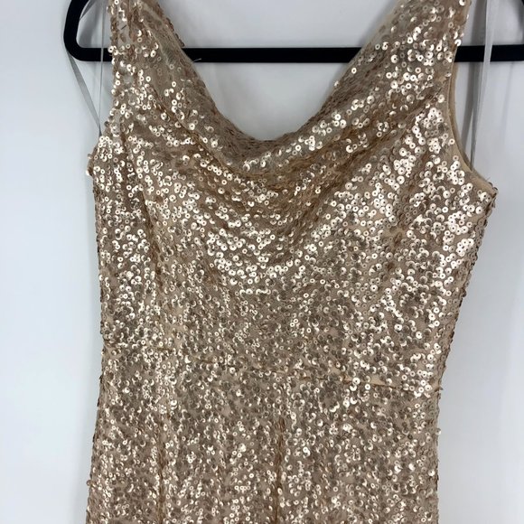 Dessy Group Rose Gold Sequined Beaded Formal Maxi Gown Cowl Neck 4508 Size 6 EUC - Picture 8 of 8